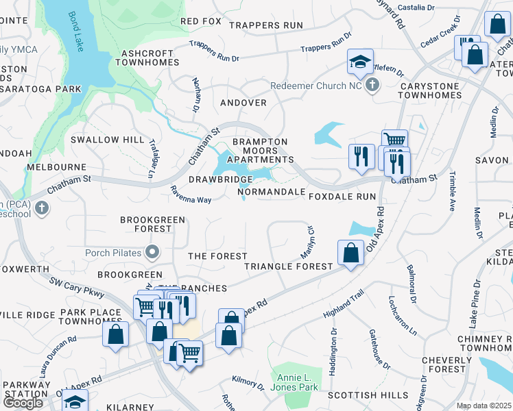 map of restaurants, bars, coffee shops, grocery stores, and more near 121 Normandale Drive in Cary