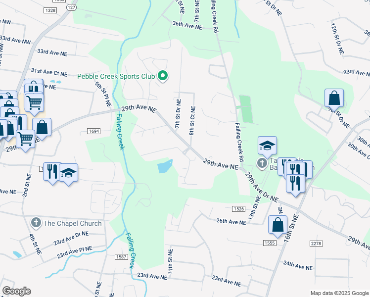 map of restaurants, bars, coffee shops, grocery stores, and more near 817 Wynnshire Drive in Hickory