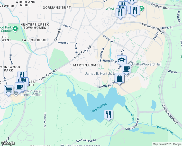 map of restaurants, bars, coffee shops, grocery stores, and more near 721 Chappell Drive in Raleigh