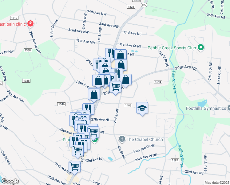 map of restaurants, bars, coffee shops, grocery stores, and more near 40 29th Avenue Northeast in Hickory