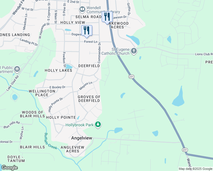 map of restaurants, bars, coffee shops, grocery stores, and more near 513 Willard Woods Drive in Wendell