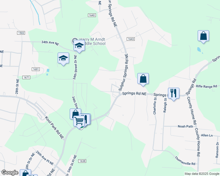 map of restaurants, bars, coffee shops, grocery stores, and more near 3115 35th Street Court Northeast in Hickory