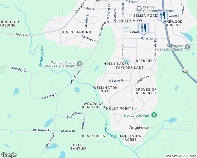 map of restaurants, bars, coffee shops, grocery stores, and more near 14 West Boxley Drive in Wendell
