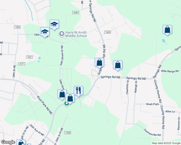 map of restaurants, bars, coffee shops, grocery stores, and more near 3115 35th Street Court Northeast in Hickory