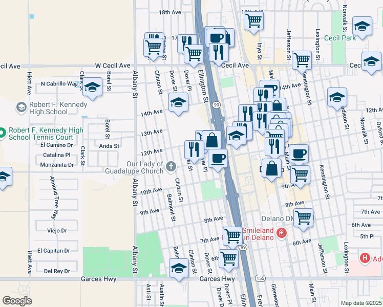 map of restaurants, bars, coffee shops, grocery stores, and more near 1129 Dover Street in Delano