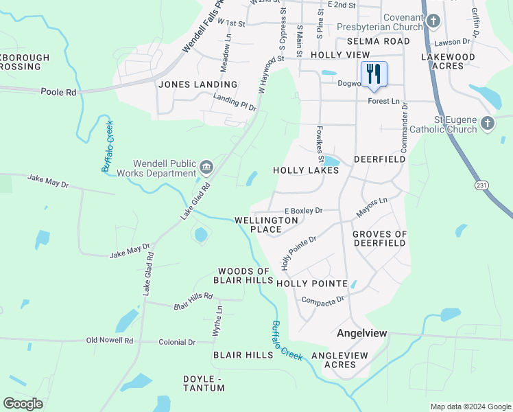 map of restaurants, bars, coffee shops, grocery stores, and more near 14 West Boxley Drive in Wendell