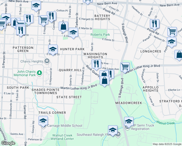 map of restaurants, bars, coffee shops, grocery stores, and more near 713 Rock Quarry Road in Raleigh