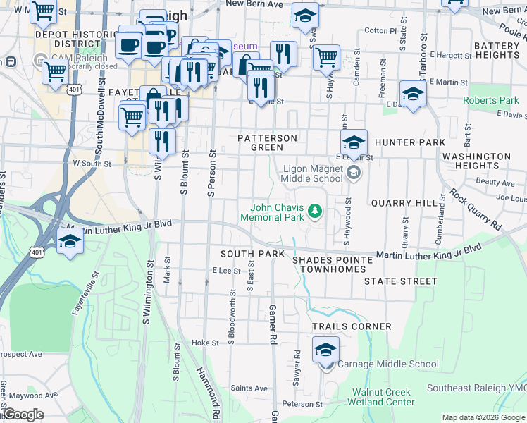 map of restaurants, bars, coffee shops, grocery stores, and more near 518 Worth Street in Raleigh