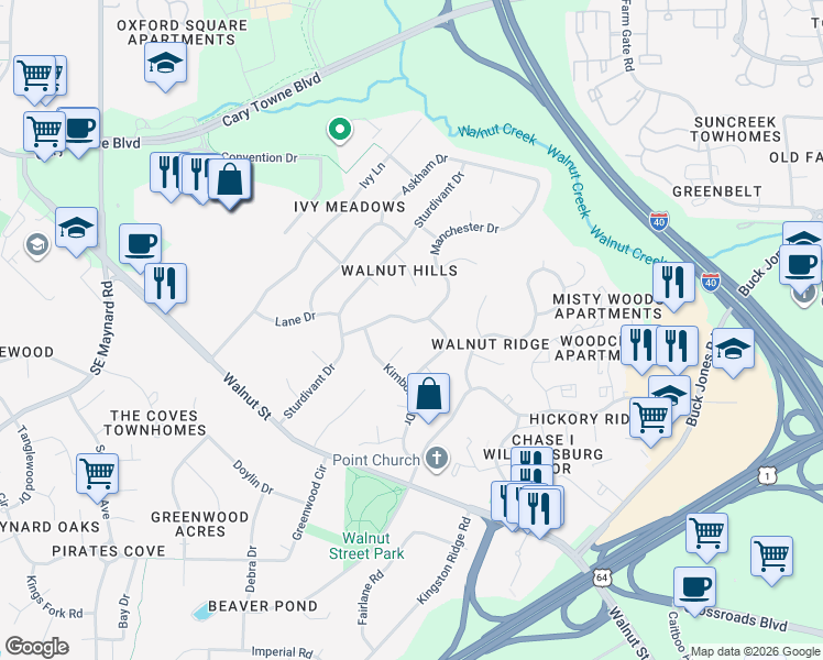 map of restaurants, bars, coffee shops, grocery stores, and more near 1110 Manchester Drive in Cary