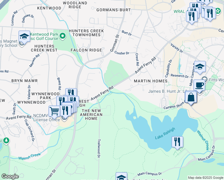 map of restaurants, bars, coffee shops, grocery stores, and more near 2724 Avent Ferry Rd in Raleigh