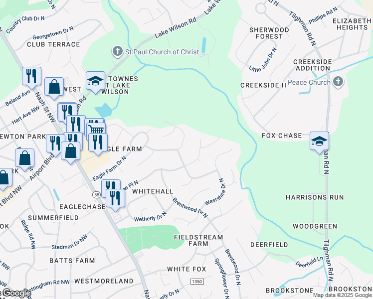 map of restaurants, bars, coffee shops, grocery stores, and more near 3702 Arrowwood Drive North in Wilson