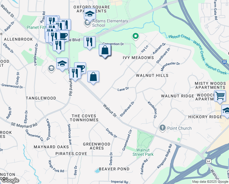 map of restaurants, bars, coffee shops, grocery stores, and more near 1206 Lane Drive in Cary