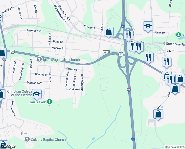 map of restaurants, bars, coffee shops, grocery stores, and more near 1043 Sowers Street in Statesville
