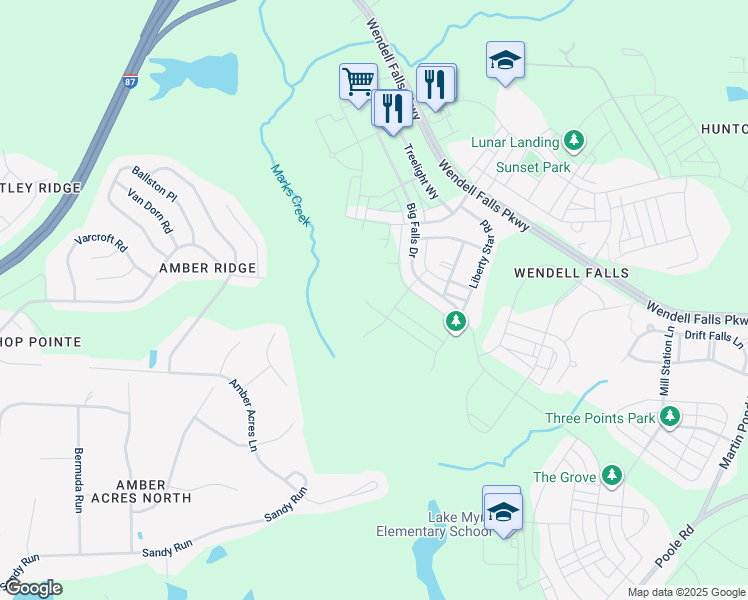 map of restaurants, bars, coffee shops, grocery stores, and more near 2016 Woodbluff Drive in Wendell