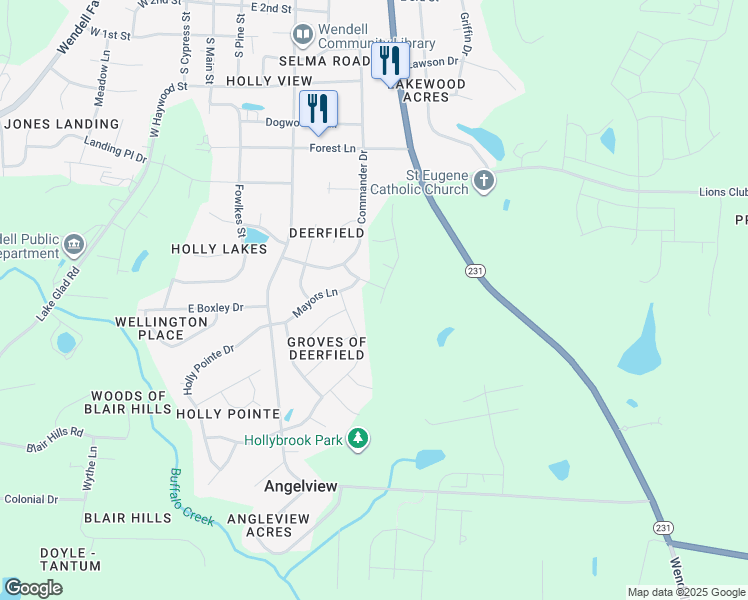 map of restaurants, bars, coffee shops, grocery stores, and more near 512 Willard Woods Drive in Wendell