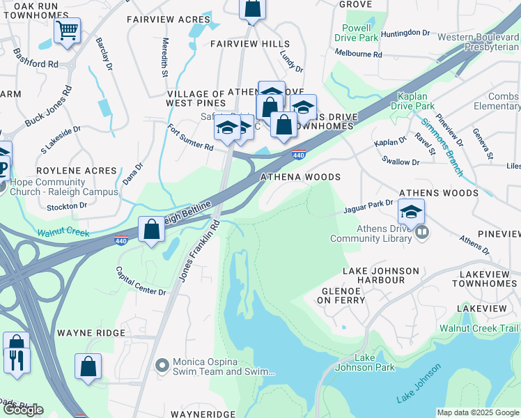 map of restaurants, bars, coffee shops, grocery stores, and more near 5652 Thea Lane in Raleigh