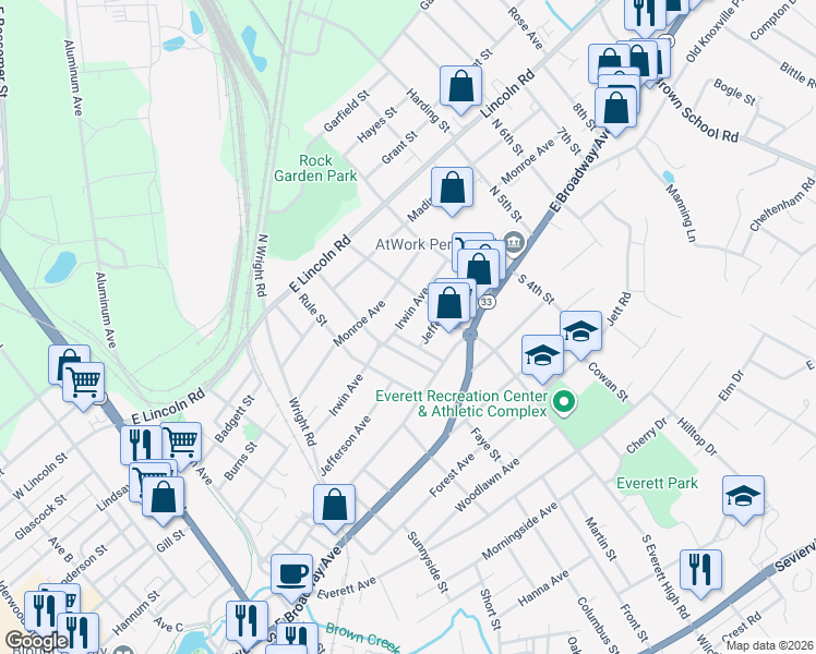 map of restaurants, bars, coffee shops, grocery stores, and more near 1414 Irwin Avenue in Maryville