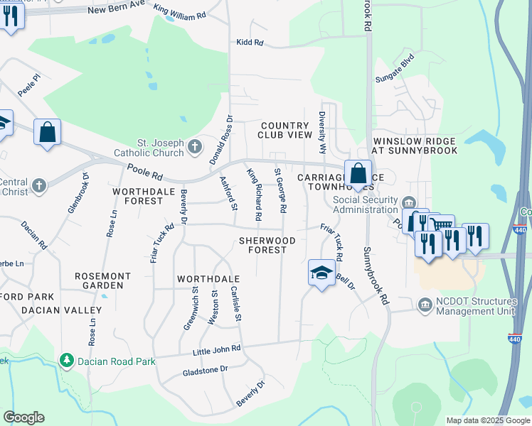 map of restaurants, bars, coffee shops, grocery stores, and more near 617 King Richard Road in Raleigh