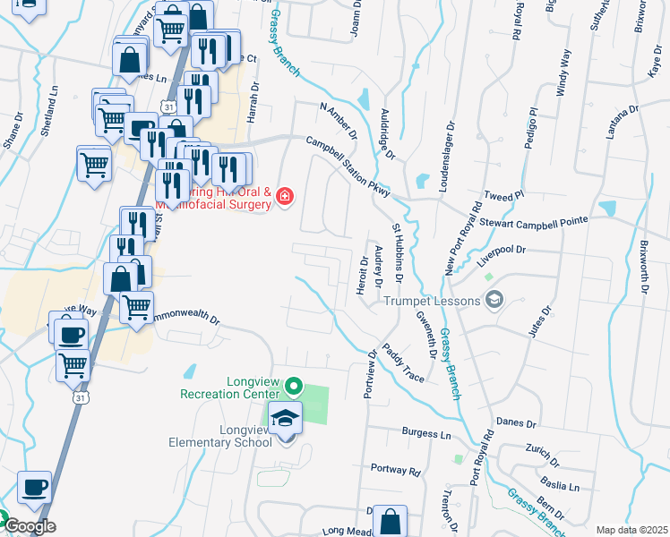 map of restaurants, bars, coffee shops, grocery stores, and more near 2056 Hemlock Drive in Spring Hill