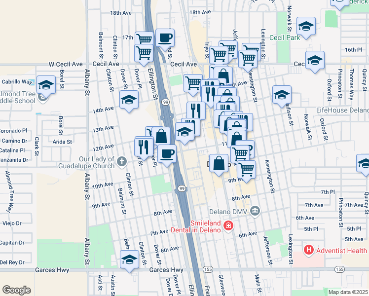 map of restaurants, bars, coffee shops, grocery stores, and more near 1120 Fremont Street in Delano