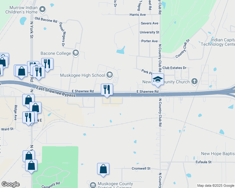 map of restaurants, bars, coffee shops, grocery stores, and more near 3200 East Shawnee Bypass in Muskogee