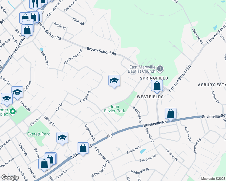 map of restaurants, bars, coffee shops, grocery stores, and more near 2001 Sequoyah Avenue in Maryville
