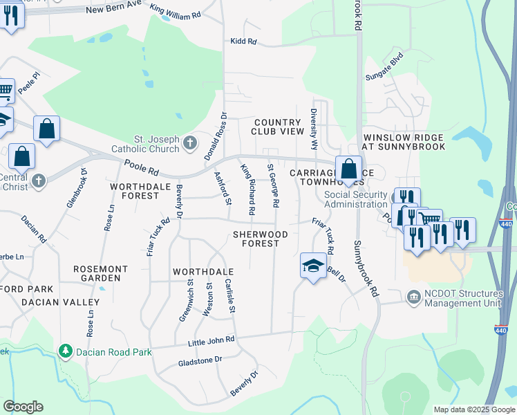 map of restaurants, bars, coffee shops, grocery stores, and more near 617 King Richard Road in Raleigh