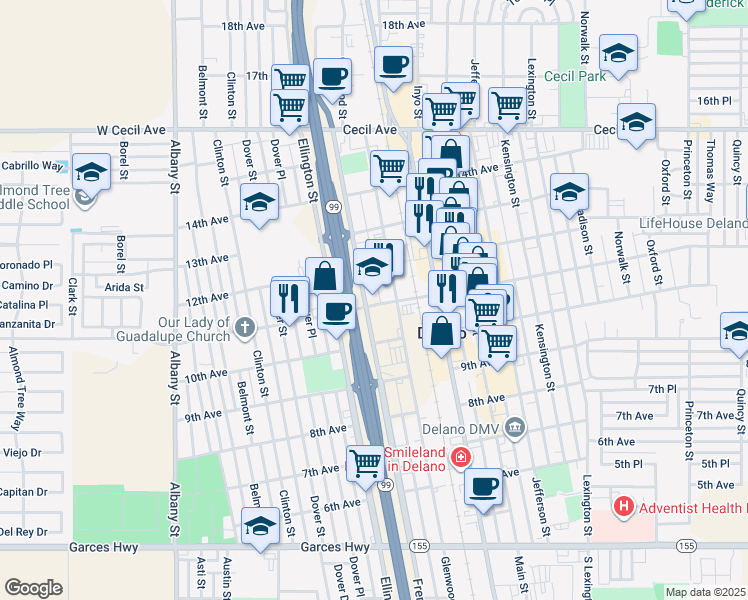 map of restaurants, bars, coffee shops, grocery stores, and more near in Delano