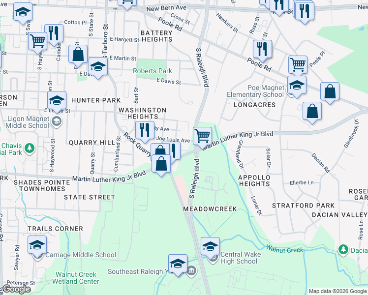 map of restaurants, bars, coffee shops, grocery stores, and more near 1621 Joe Louis Avenue in Raleigh