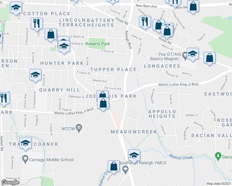 map of restaurants, bars, coffee shops, grocery stores, and more near 1621 Joe Louis Avenue in Raleigh