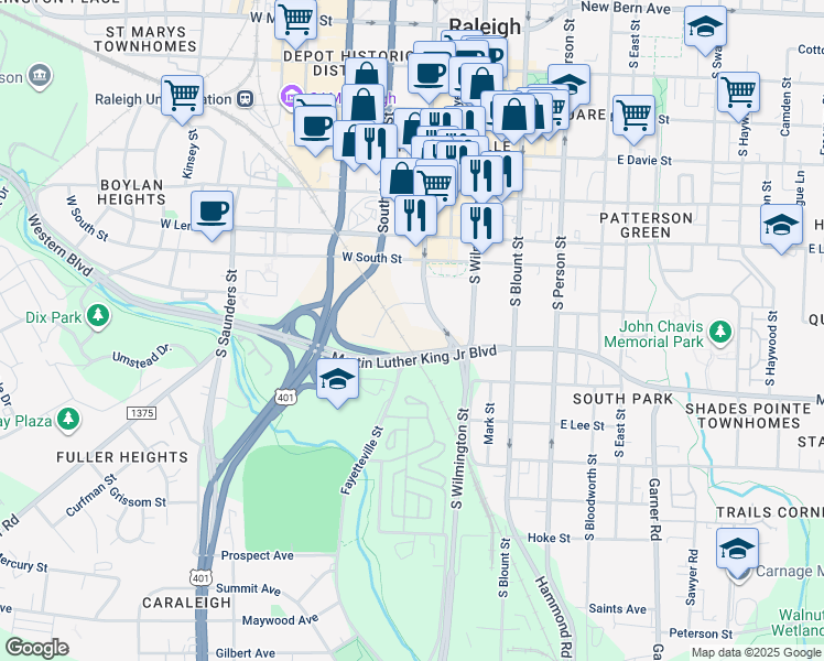 map of restaurants, bars, coffee shops, grocery stores, and more near in Raleigh