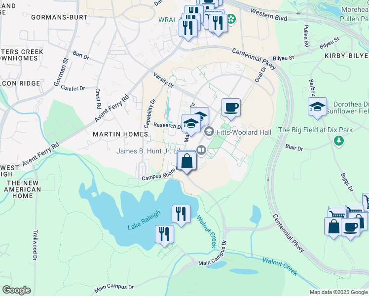 map of restaurants, bars, coffee shops, grocery stores, and more near 1020 Main Campus Drive in Raleigh