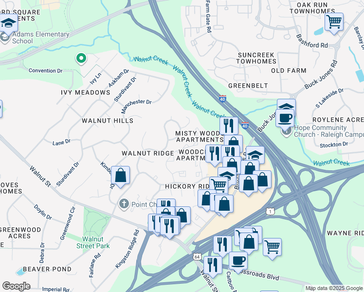map of restaurants, bars, coffee shops, grocery stores, and more near 103 Cass Court in Cary