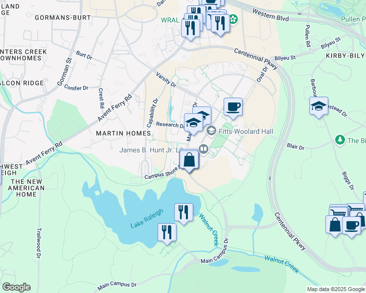 map of restaurants, bars, coffee shops, grocery stores, and more near 1020 Main Campus Drive in Raleigh