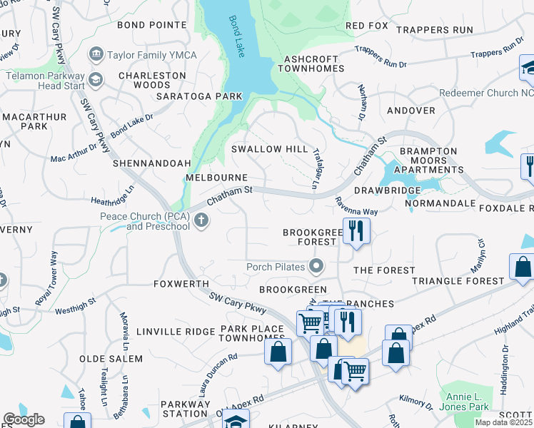 map of restaurants, bars, coffee shops, grocery stores, and more near 112 Thamesford Way in Cary
