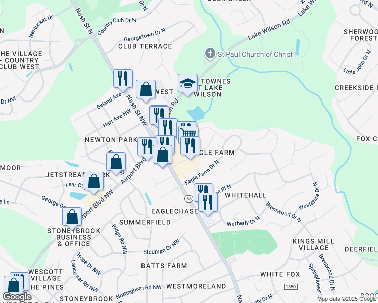 map of restaurants, bars, coffee shops, grocery stores, and more near 3711 Peppermill Drive in Wilson