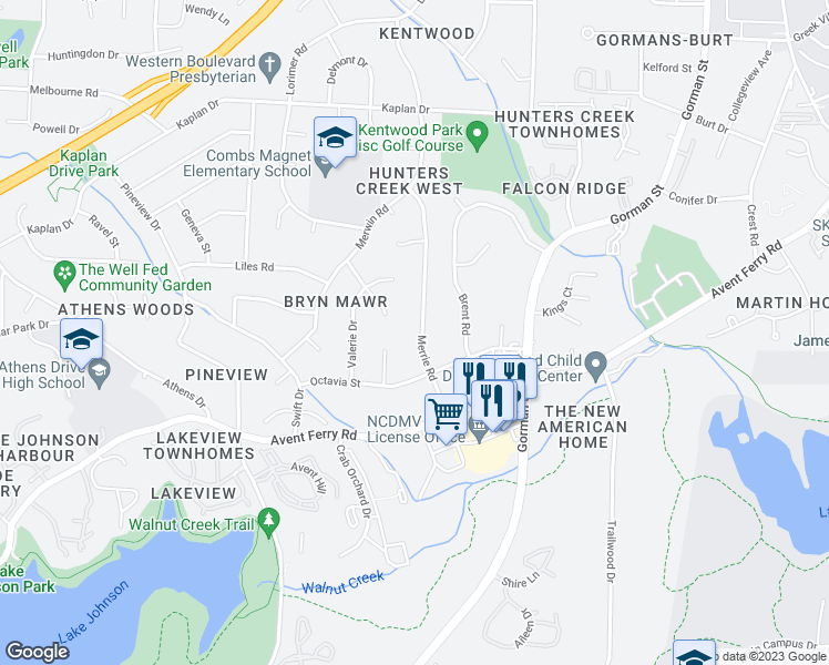 map of restaurants, bars, coffee shops, grocery stores, and more near 816 Merrie Road in Raleigh