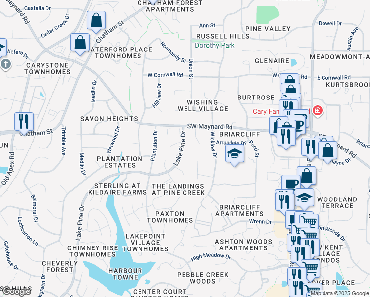 map of restaurants, bars, coffee shops, grocery stores, and more near 131 Lake Pine Drive in Cary