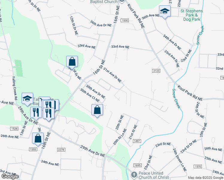 map of restaurants, bars, coffee shops, grocery stores, and more near 3178 17th Street Lane Northeast in Hickory