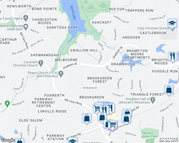 map of restaurants, bars, coffee shops, grocery stores, and more near 121 Old Rockhampton Lane in Cary