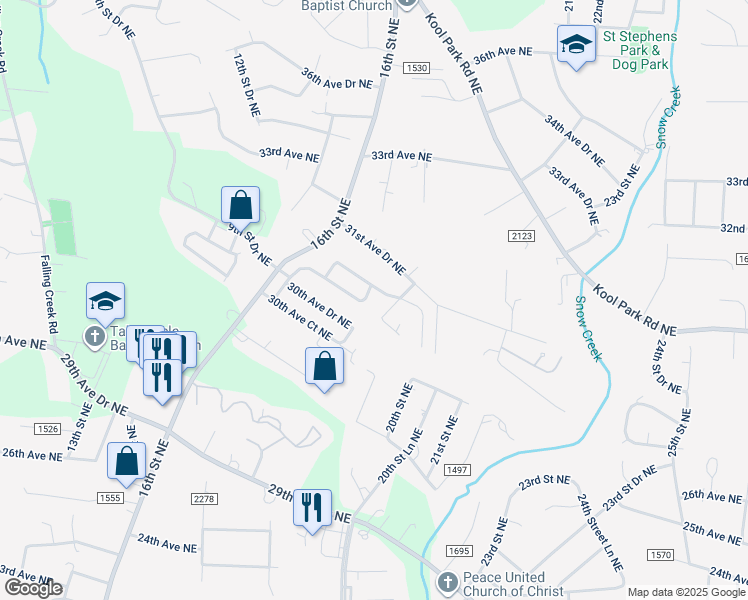 map of restaurants, bars, coffee shops, grocery stores, and more near 3178 17th Street Lane Northeast in Hickory
