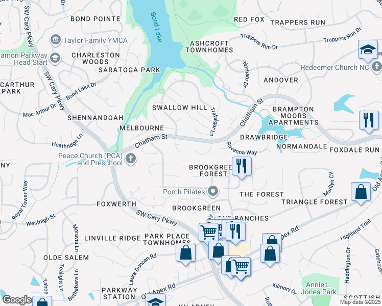 map of restaurants, bars, coffee shops, grocery stores, and more near 121 Old Rockhampton Lane in Cary