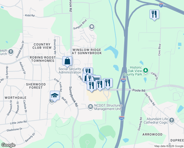 map of restaurants, bars, coffee shops, grocery stores, and more near 3409 Poole Road in Raleigh