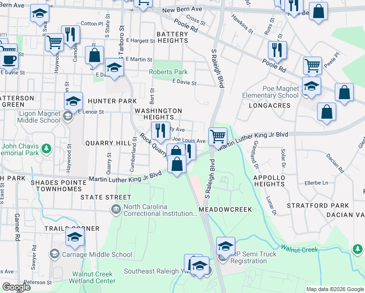 map of restaurants, bars, coffee shops, grocery stores, and more near 1516 1/2 Joe Louis Avenue in Raleigh