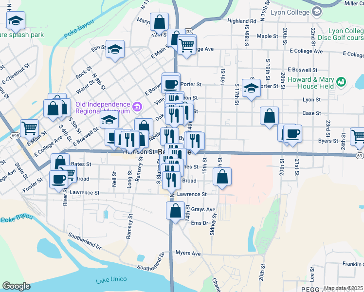 map of restaurants, bars, coffee shops, grocery stores, and more near 1325 Harrison Street in Batesville