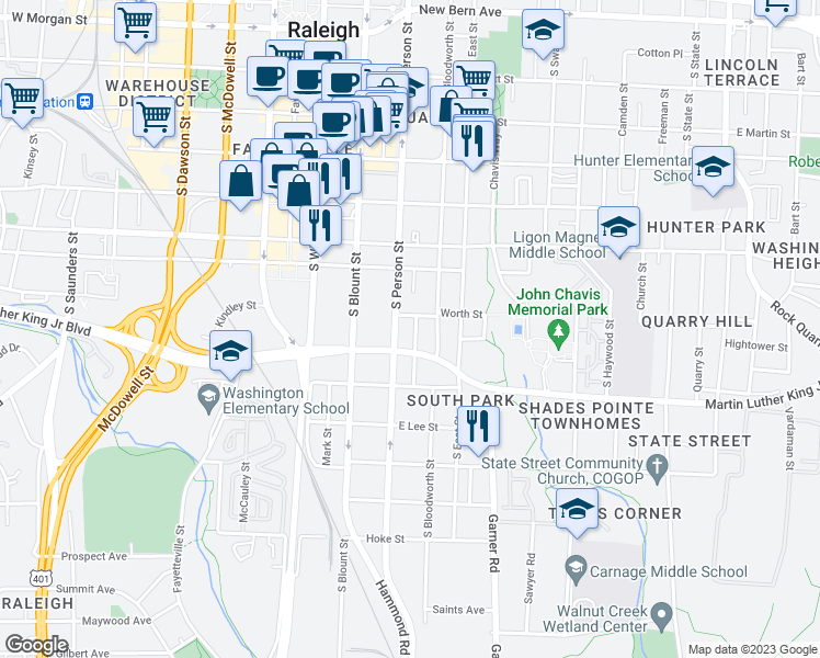 map of restaurants, bars, coffee shops, grocery stores, and more near 740 Ellington Street in Raleigh