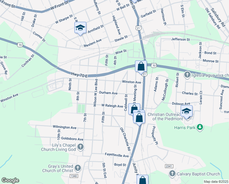 map of restaurants, bars, coffee shops, grocery stores, and more near 1033 4th Street in Statesville