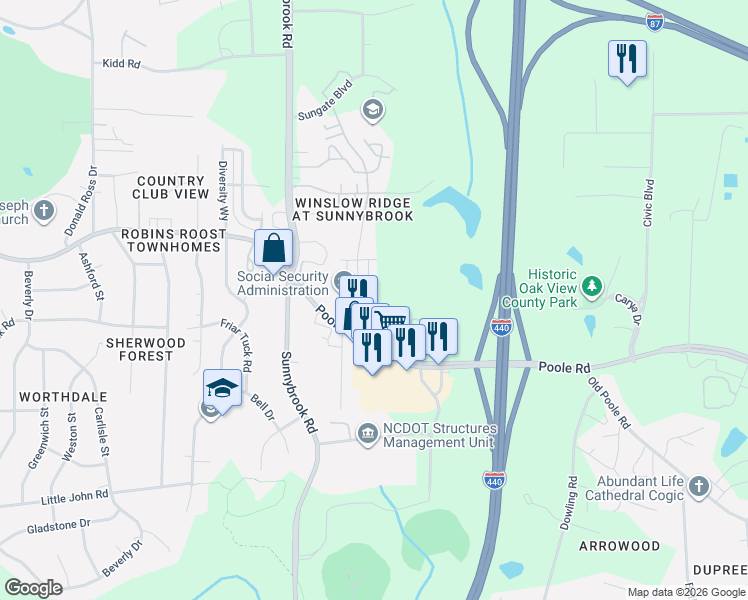 map of restaurants, bars, coffee shops, grocery stores, and more near 3409 Poole Road in Raleigh