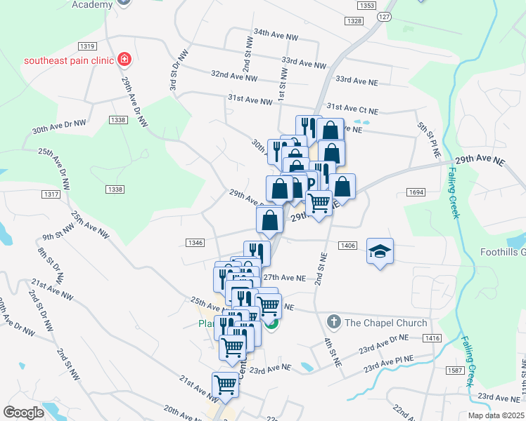 map of restaurants, bars, coffee shops, grocery stores, and more near 105 29th Avenue Drive Northwest in Hickory