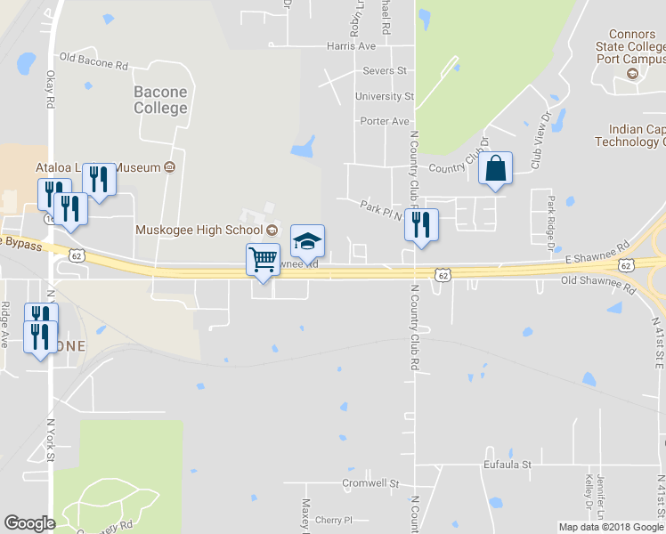 map of restaurants, bars, coffee shops, grocery stores, and more near 3330 East Shawnee Road in Muskogee